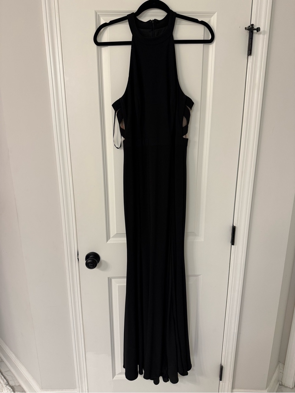 Xscape Black Halter Evening Gown with Side Cutouts